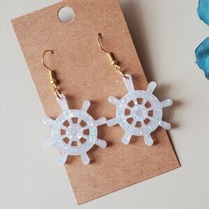 Handmade white rainbow sparkle glow in the dark nautical helm dangle earrings